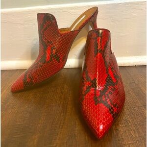 Veronica Beard Womens 8 Pearla Snake‎ Embossed Italian Leather Red Black Mules